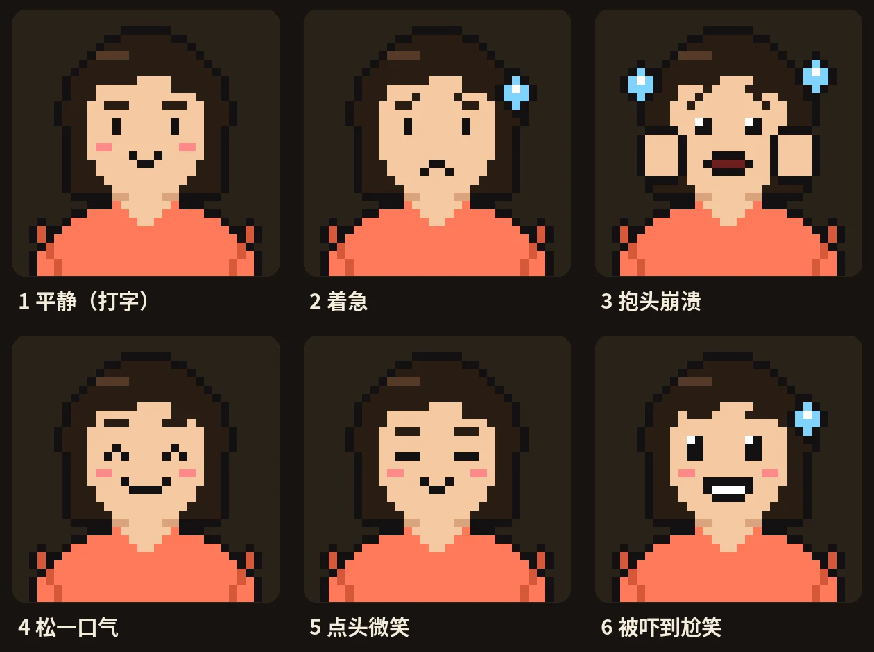 Seis expresiones del retrato en píxeles: tranquilo (escribiendo), apurado, agarrándose la cabeza, aliviado, sonriendo y asintiendo, sonrisa incómoda de susto