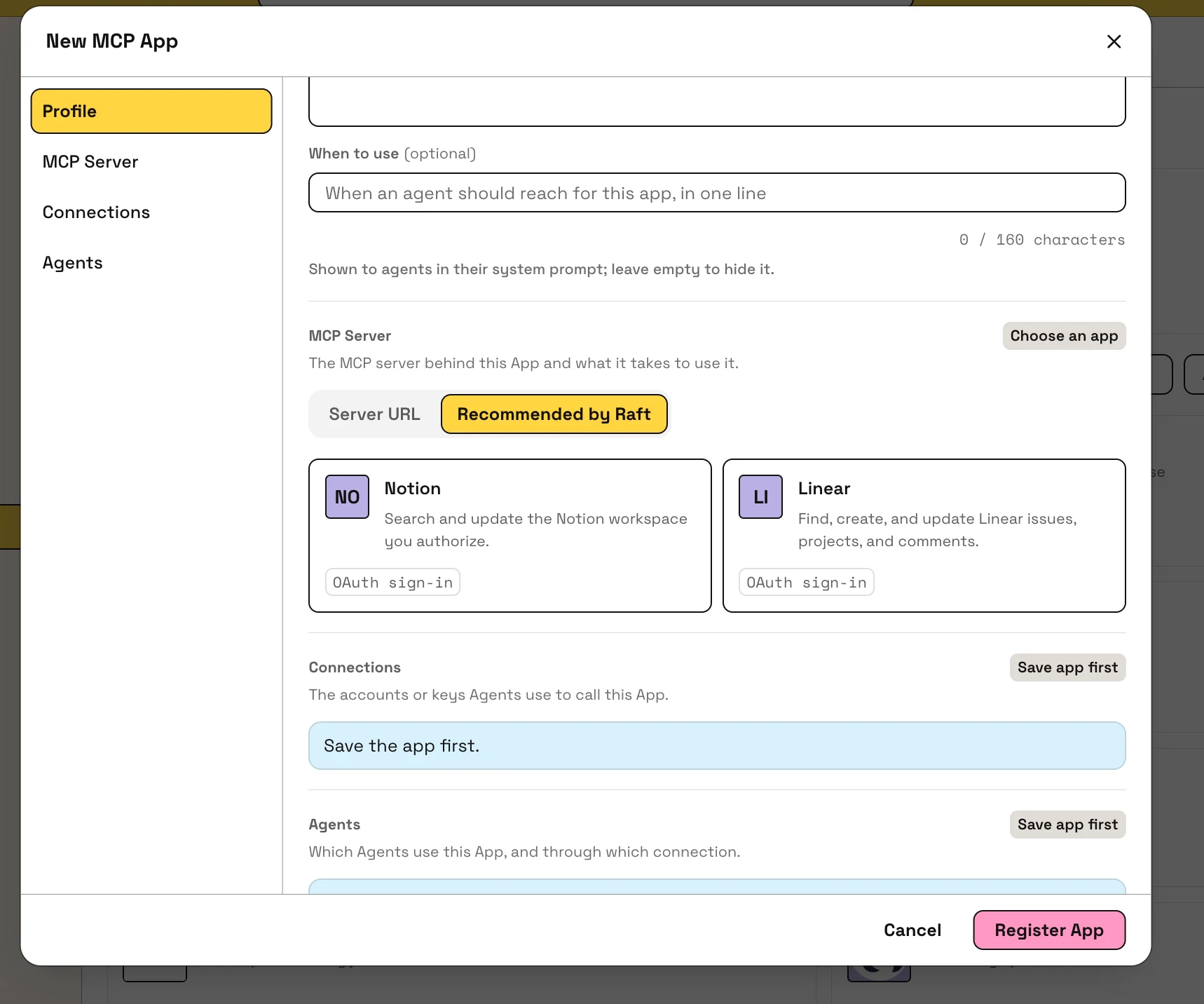 Notion y Linear en Recommended by Raft dentro de New MCP App, con los logos mostrados como NO y LI